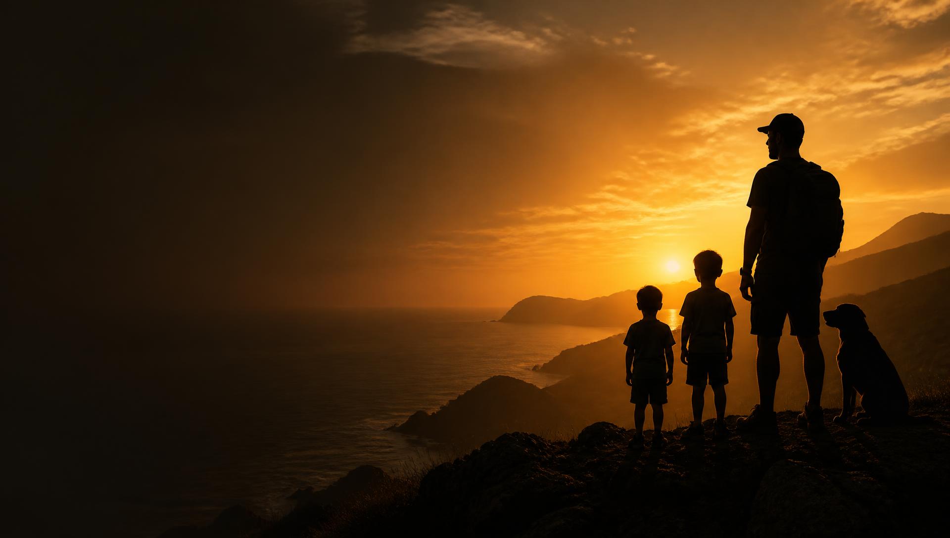Silhouette of a dad with a backpack, two kids and a dog standing on a coastal ridge at sunset